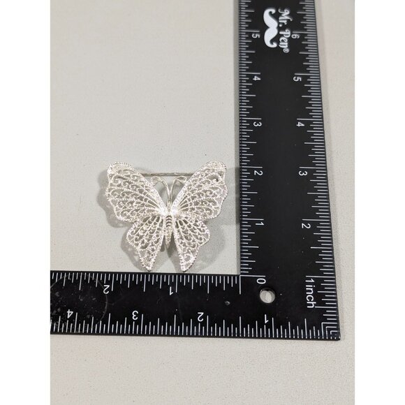 Vintage M Jent Butterfly Pin Silver Tone Open Metal Work Brooch - Picture 8 of 8